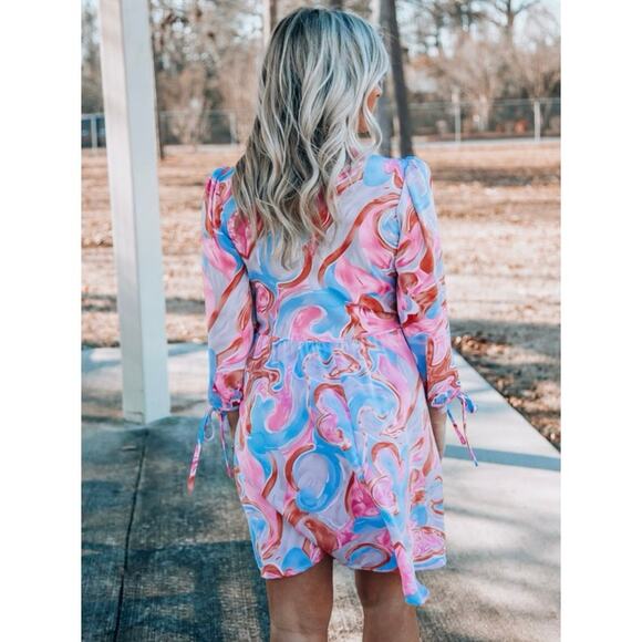 Milk & Honey Boutique Coral Multi Swirl Cutout Long Sleeve Midi Dress NEW~NWT!! - Picture 3 of 13